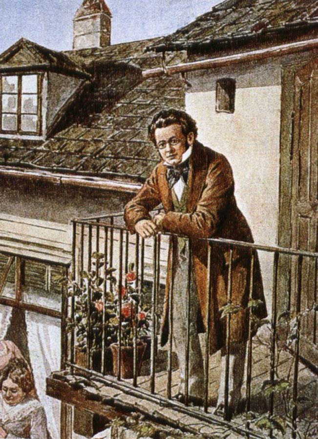 an idealized porrait of the composer on his balcony